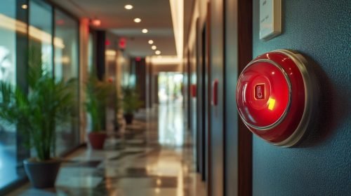 A hallway featuring a red emergency button and potted plants, emphasizing safety and decor.