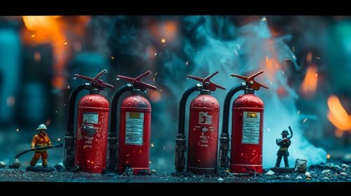 Three fire extinguists that are on the ground